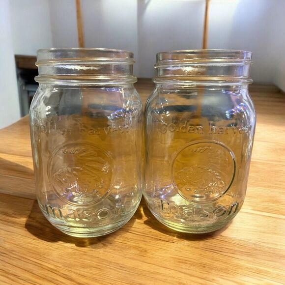 Lot Of 2 Golden Harvest Mason Jars Pint Drinking Jars Cottagecore Decor - Picture 1 of 5